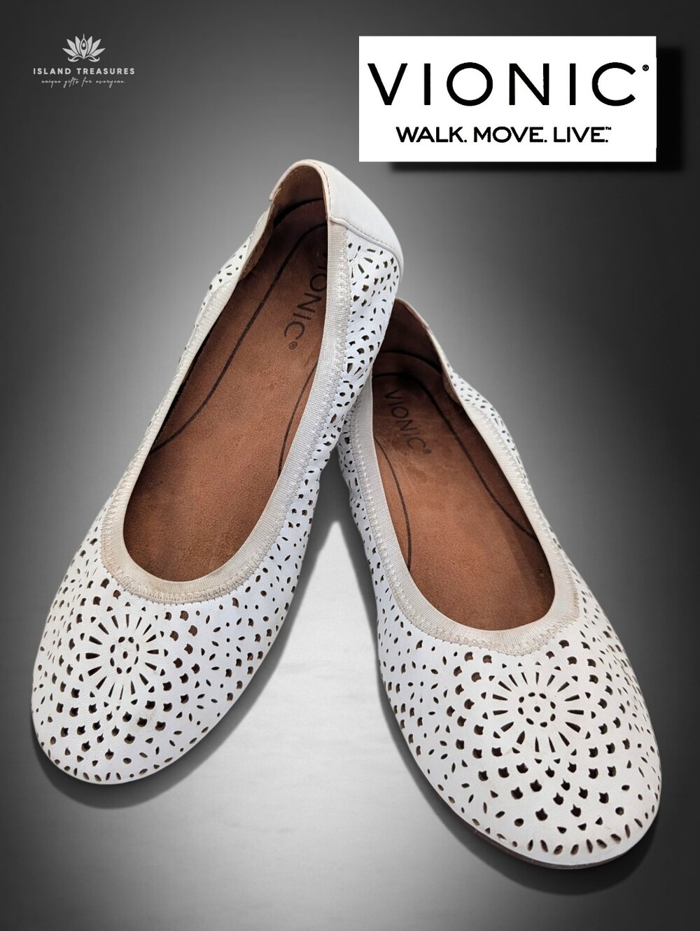 Vionic Sz 8 Robyn Perforated Ballet Flat White Leather Arch Orthotic Support